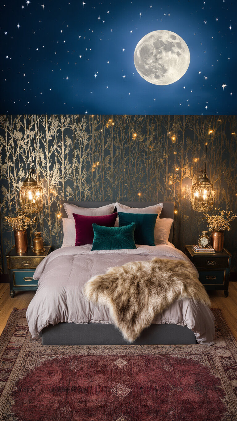 Overhead view of a 13x14ft bedroom at midnight with moonlight and twinkle lights illuminating a queen bed, jewel-toned velvet pillows, faux fur throws, metallic forest-patterned wallpaper, vintage brass lanterns, hand-knotted wool rug, and dried flowers in copper vases.