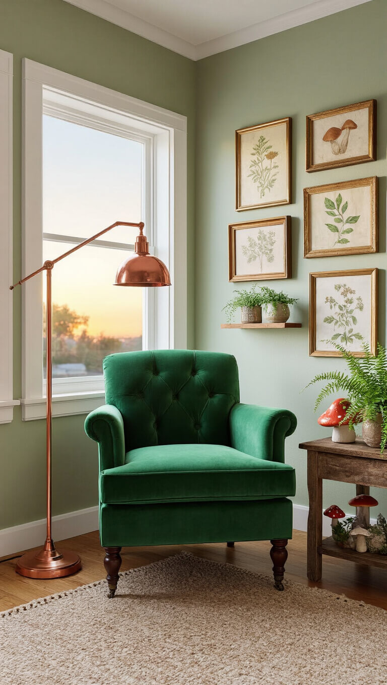Cozy reading nook in sage green bedroom corner with emerald velvet Victorian armchair under copper floor lamp, botanical gallery wall, crystal-filled shelves, ceramic mushroom decor on wood table, and handwoven tapestry at sunset.