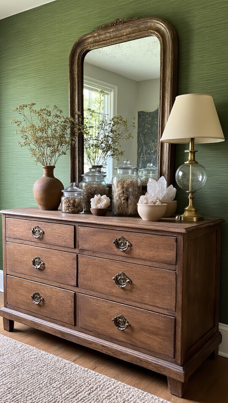 Close-up of dresser in 12x14ft bedroom with antique mirror, vintage apothecary jars, earth-toned ceramics, crystal clusters, and deep green grasscloth walls in natural midday light.