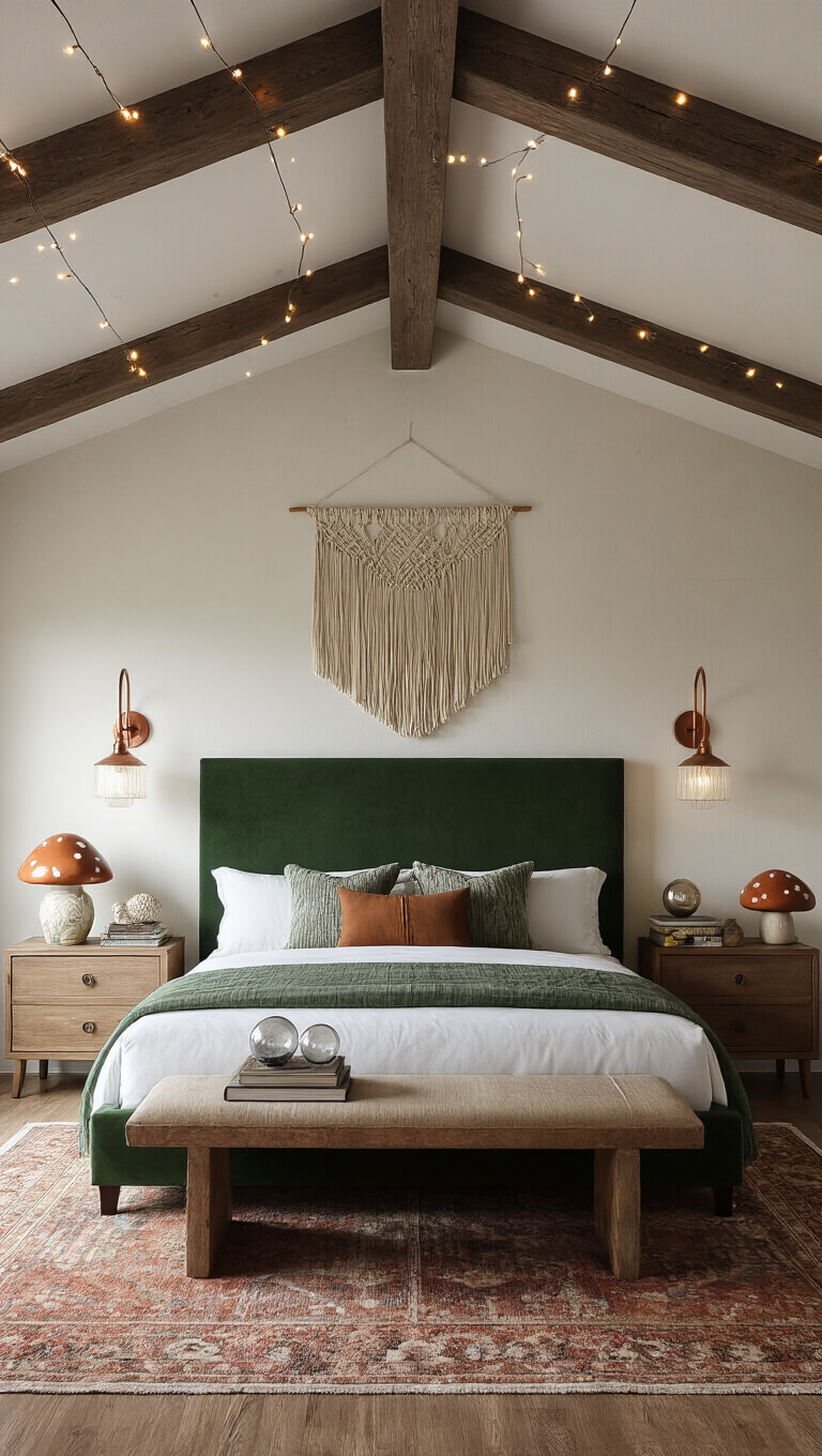 Symmetrical bedroom at dusk with green velvet headboard, twin sconces, styled nightstands, exposed beams with twinkle lights, macramé wall hanging, and layered earth-tone vintage rugs.