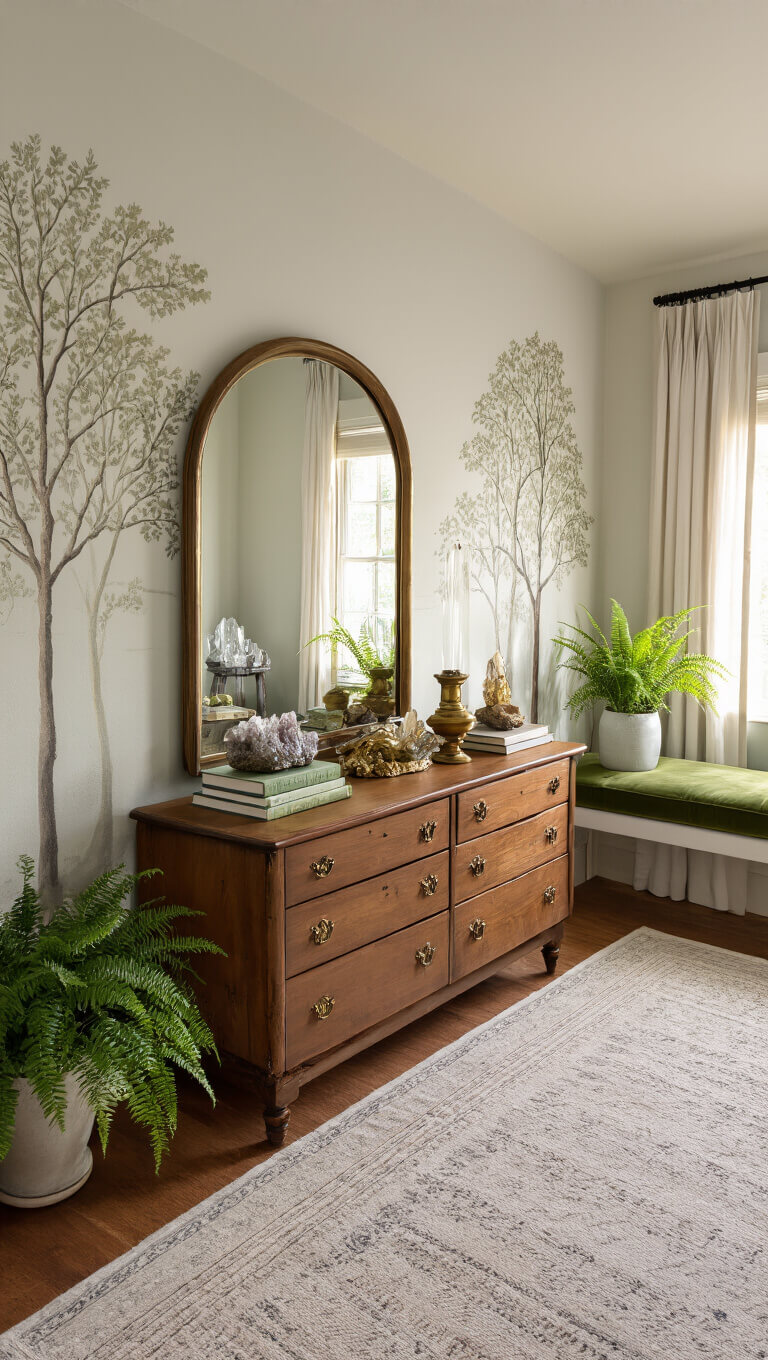 Cozy 13x15ft bedroom at golden hour with wooden dresser, botanical decor, arched mirror, tree mural, moss green velvet bench, and live ferns.