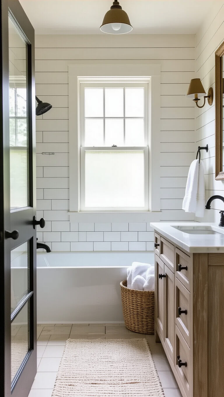 Cozy 5'x8' farmhouse bathroom with white subway-tiled shower, black-framed glass doors, oak vanity with marble top, shiplap walls, and warm lighting from brass sconces.