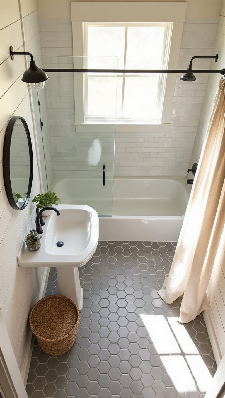Overhead view of compact farmhouse bathroom with hexagonal gray tile floor, pedestal sink, black-framed mirror, and glass-enclosed shower/tub with linen curtain.