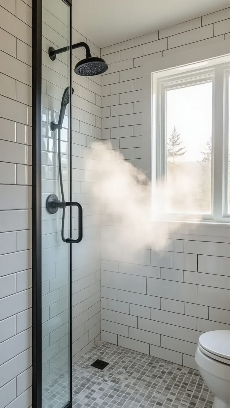 Steam rises in early morning bathroom with white subway tiles, matte black fixtures, and natural light through privacy window.