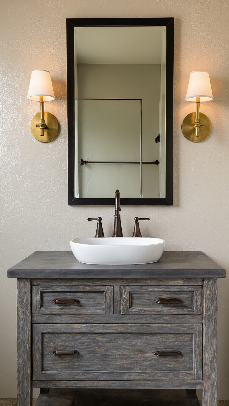 Close-up of twilight bathroom with brushed brass sconces, black-framed mirror, weathered gray vanity, white vessel sink, and dark bronze faucet.
