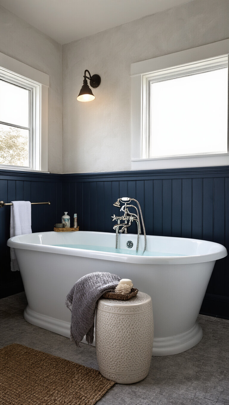 Freestanding tub-shower combo in farmhouse bathroom against dark navy wall, with vintage nickel faucet, Turkish towels, ceramic stool, and ambient sconce lighting at dusk.