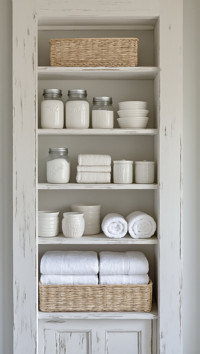 Organized bathroom shelves with white ceramics, mason jars, and rolled towels against light gray walls in soft morning light.