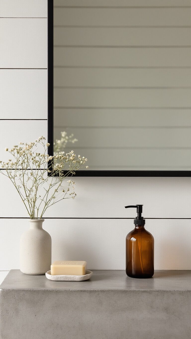 Minimalist vanity with concrete countertop, white shiplap backsplash, amber soap dispenser, dried flowers, and black-framed mirror reflecting soft afternoon light.