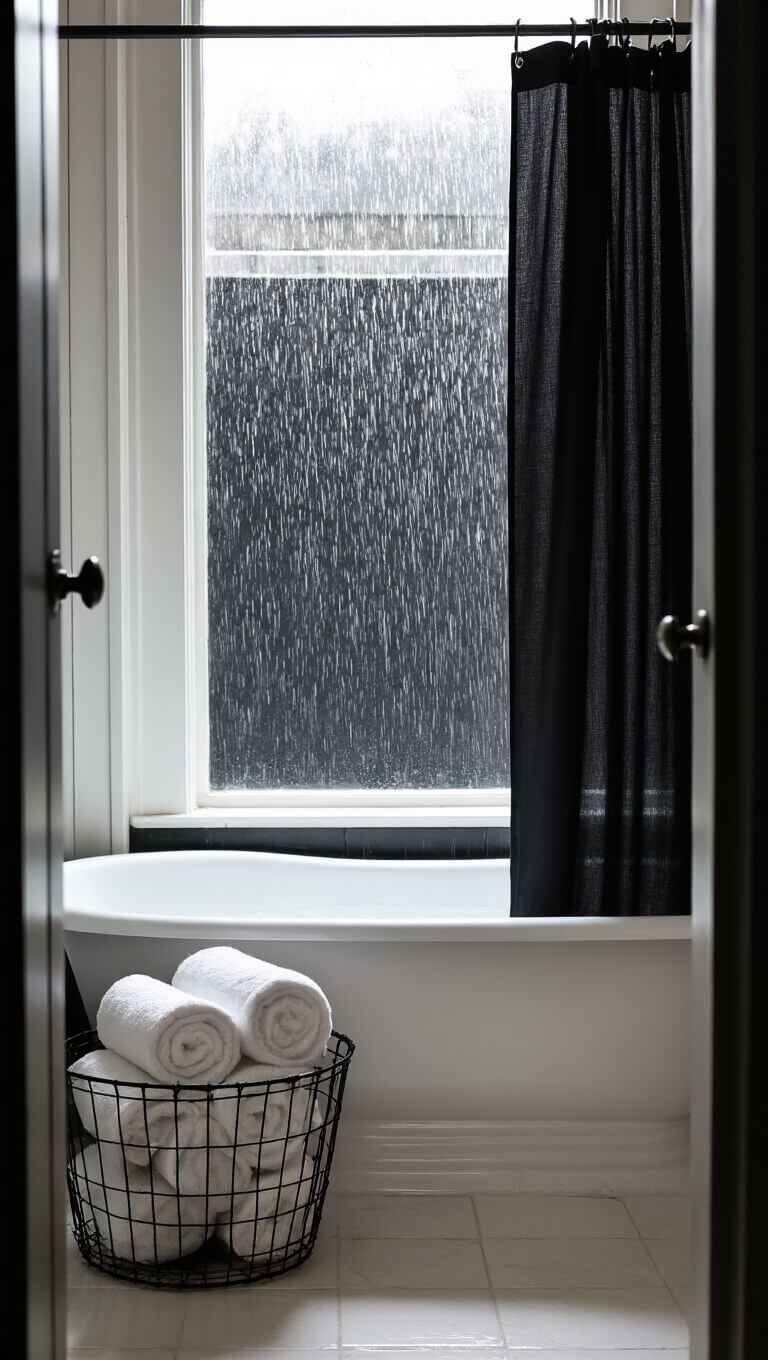 Cozy bathroom on a rainy day with moody lighting, featuring a white clawfoot tub, dark wall, partially drawn black shower curtain, and vintage basket with rolled towels, viewed from the doorway with raindrop shadows on the wall.