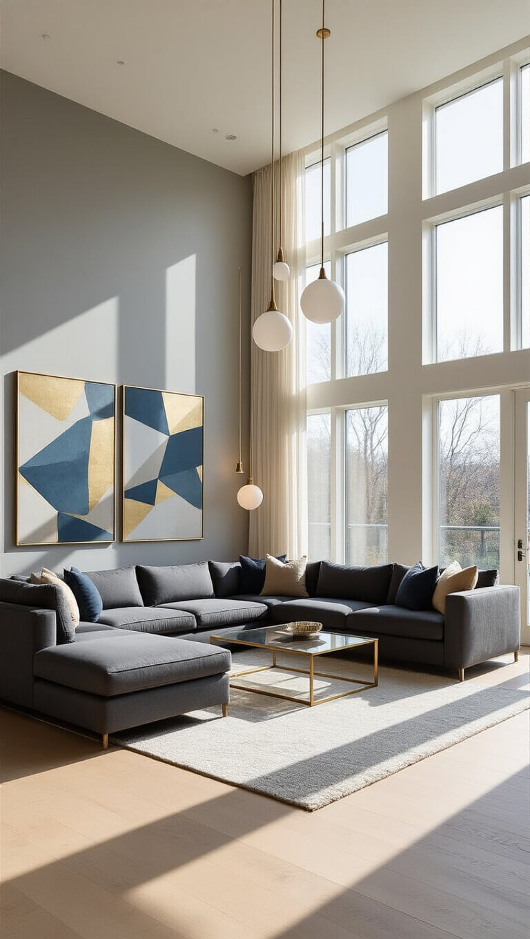 Contemporary 20x24ft living room with charcoal sectional, brass and glass coffee table, floor-to-ceiling windows, and geometric wall art, bathed in late afternoon sunlight.
