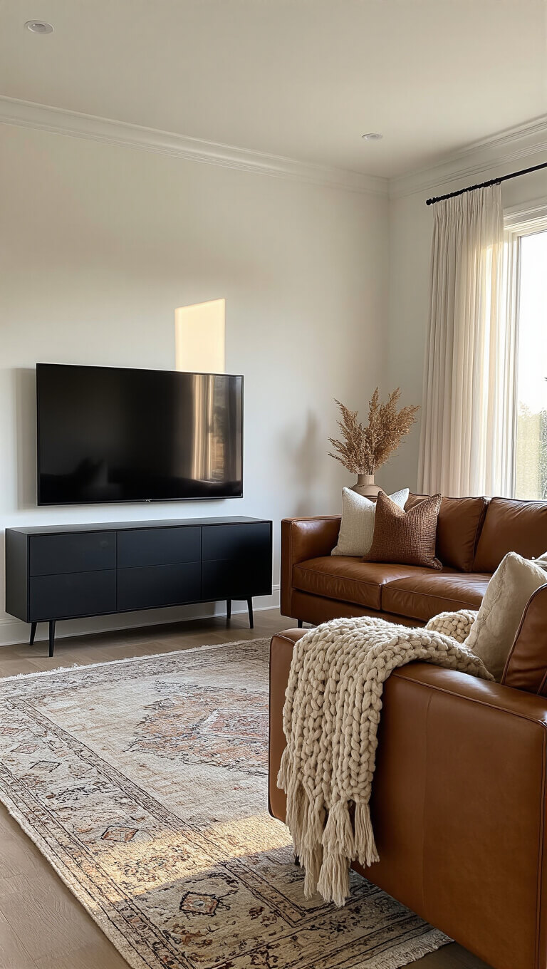 Cozy 15x18ft living room at golden hour with white walls, 10ft ceilings, cognac leather sofa, black media console, Persian rug, and warm light through sheer curtains.