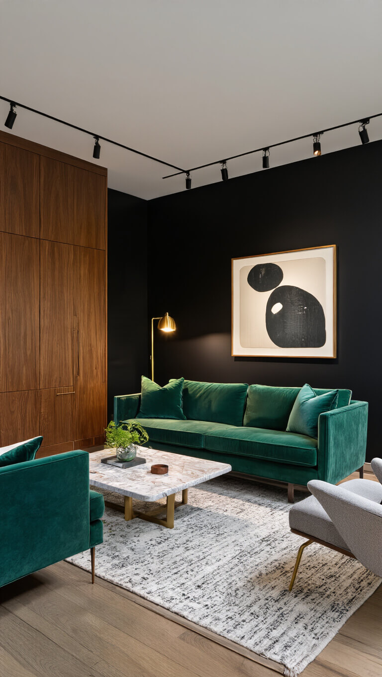 Modern living room with black accent wall, walnut built-ins, emerald velvet seating, marble coffee table, and moody dusk lighting.