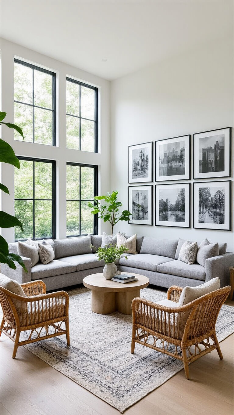 Bright corner living room with double-height windows, gray modular seating, rattan chairs, black and white gallery wall, layered rugs, and lush greenery.