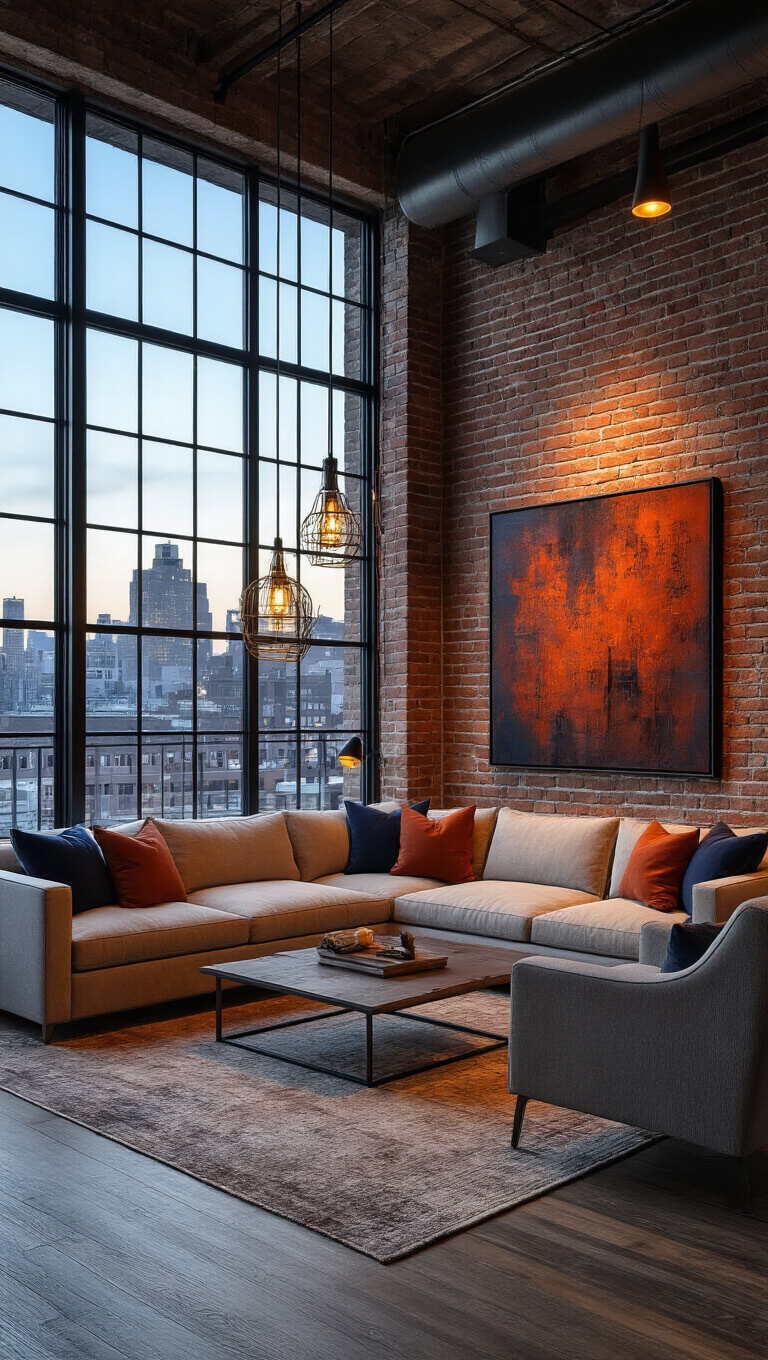 Urban loft living room with exposed brick walls, steel-framed windows, neutral contemporary furnishings, and dramatic abstract art, warmly lit at twilight.