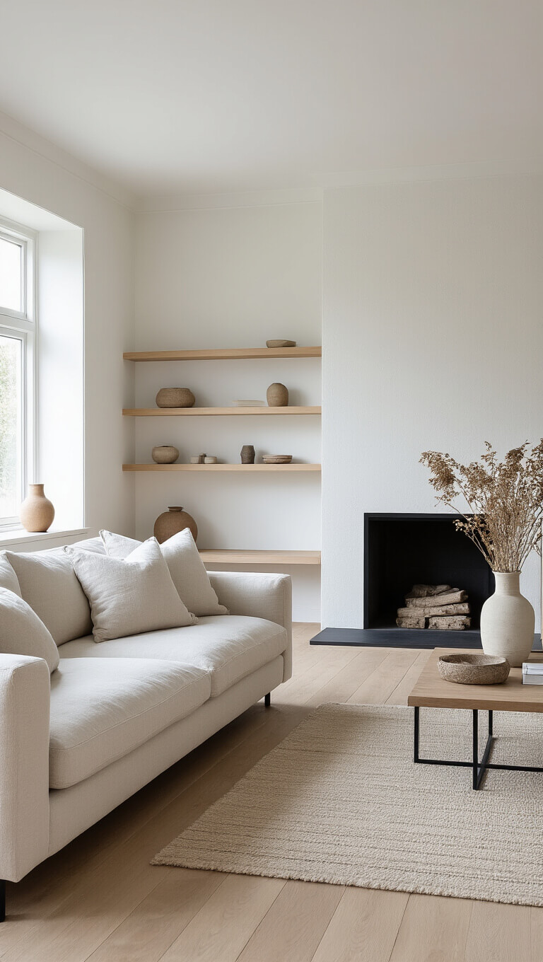 Scandinavian-style living room with oatmeal linen sofa, pale oak floors, white textured walls, built-in fireplace, black metal accents, and natural decor.