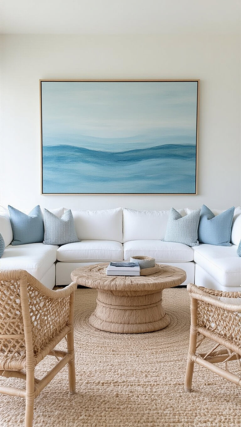 Bright coastal-style living room with white sectional, woven chairs, rope accents, and seascape artwork, emphasizing natural textures and airy light-filled design.