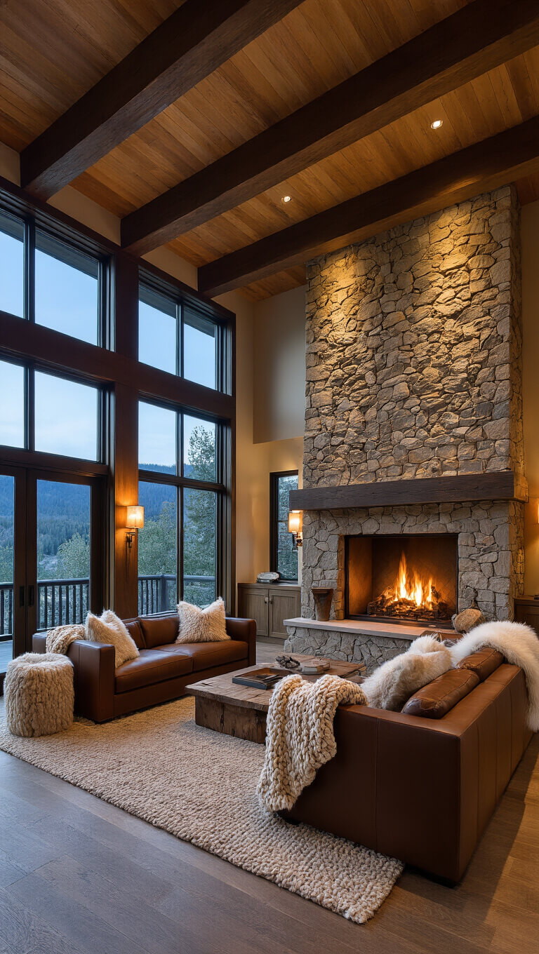 Cozy modern mountain retreat at dusk with stone fireplace, warm wood beams, leather seating, knit textures, and large windows framing nature views.
