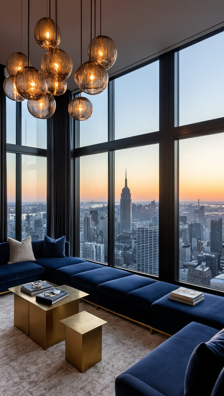 Urban contemporary living room at sunset with city views, navy velvet modular seating, brass accent tables, pendant lighting, and rich textures in wool, metal, and glass.