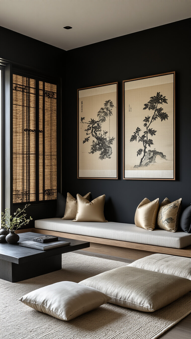 Contemporary fusion interior with Asian-inspired decor, modern furnishings, black accent wall, vintage screens, and low neutral seating with silk pillows in afternoon light.