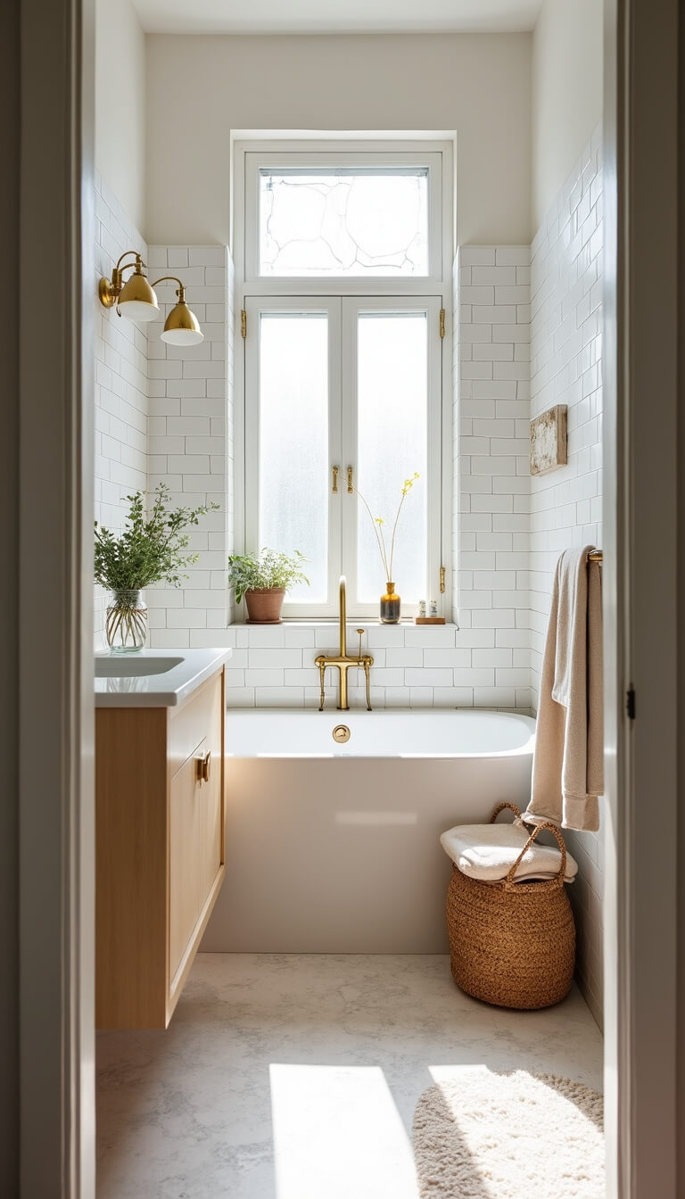 Compact 5x8ft bathroom with white subway tiles, brushed brass fixtures, floating bleached oak vanity, and alcove tub; morning light filters through frosted window, highlighting seagrass basket, eucalyptus, and cream Turkish towels.