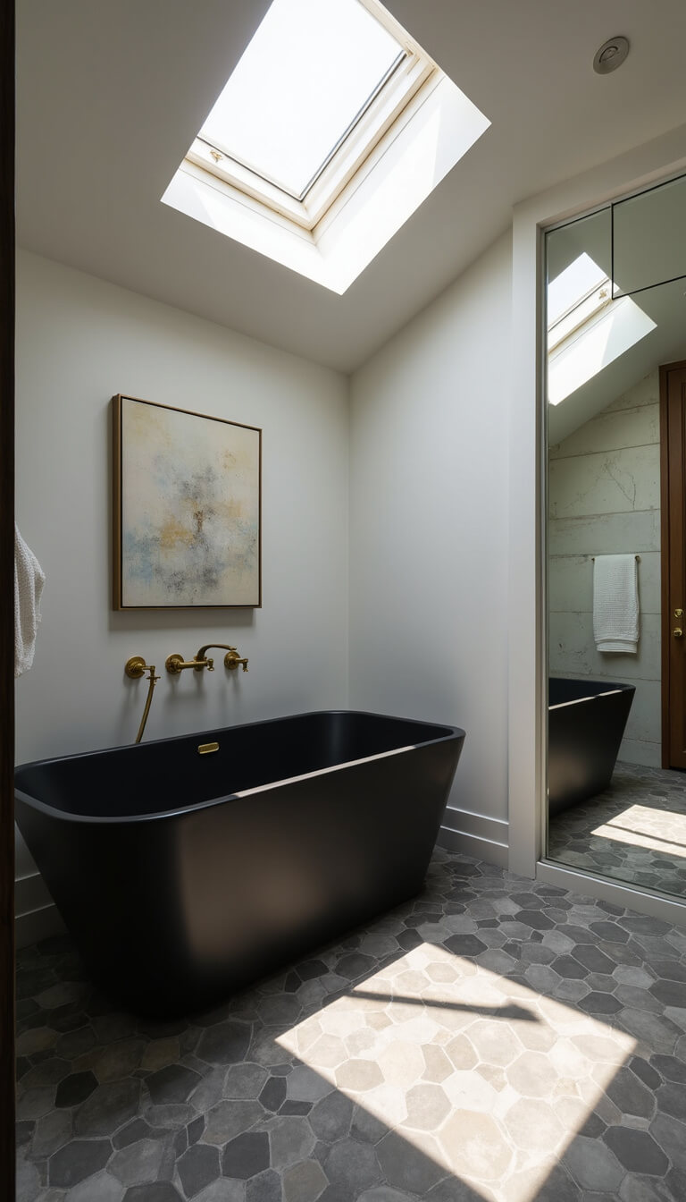 Low-angle view of a matte black 48-inch corner soaking tub in a 6x6ft contemporary bathroom with gray hexagonal tile flooring, geometric skylight shadows, floor-to-ceiling mirror, brass hardware, and abstract art.
