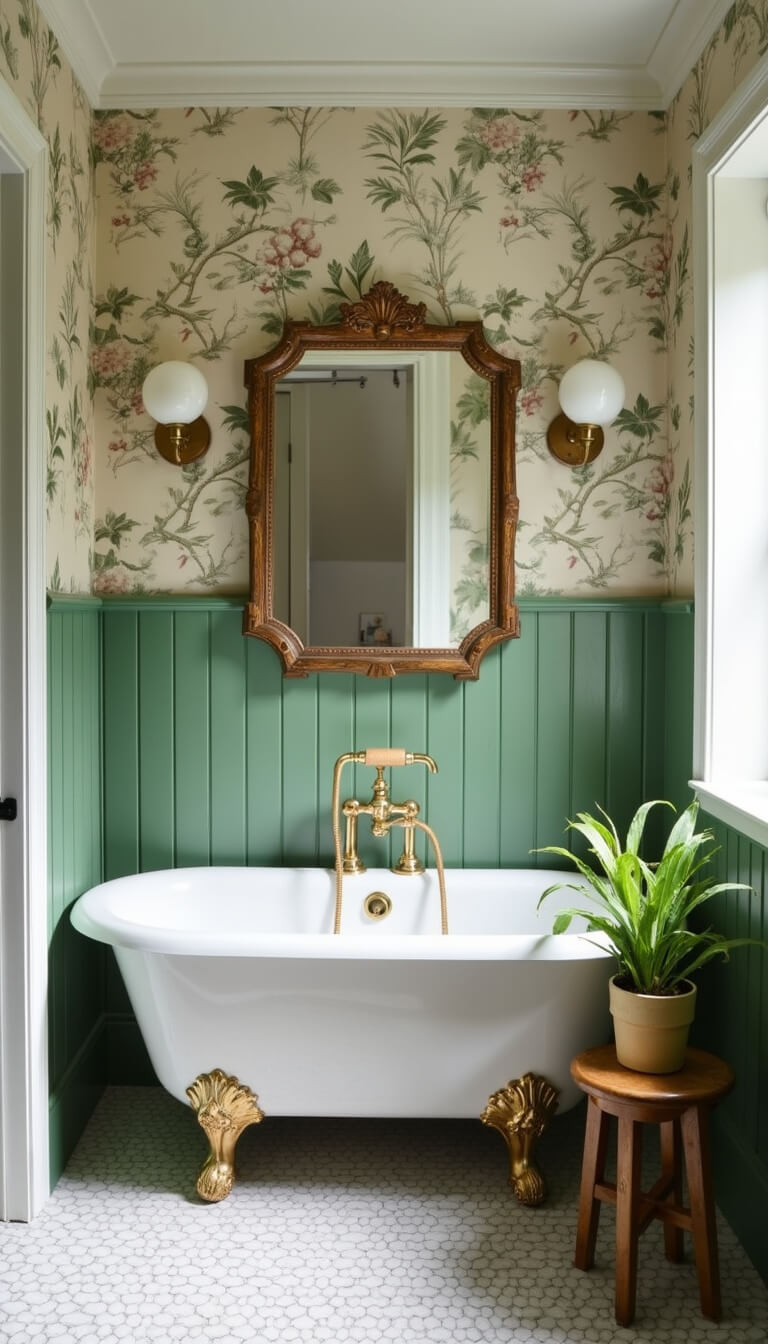 Vintage-style bathroom with clawfoot tub, sage green board and batten walls, botanical wallpaper, antique brass mirror, wood stool, and potted ferns in soft morning light.