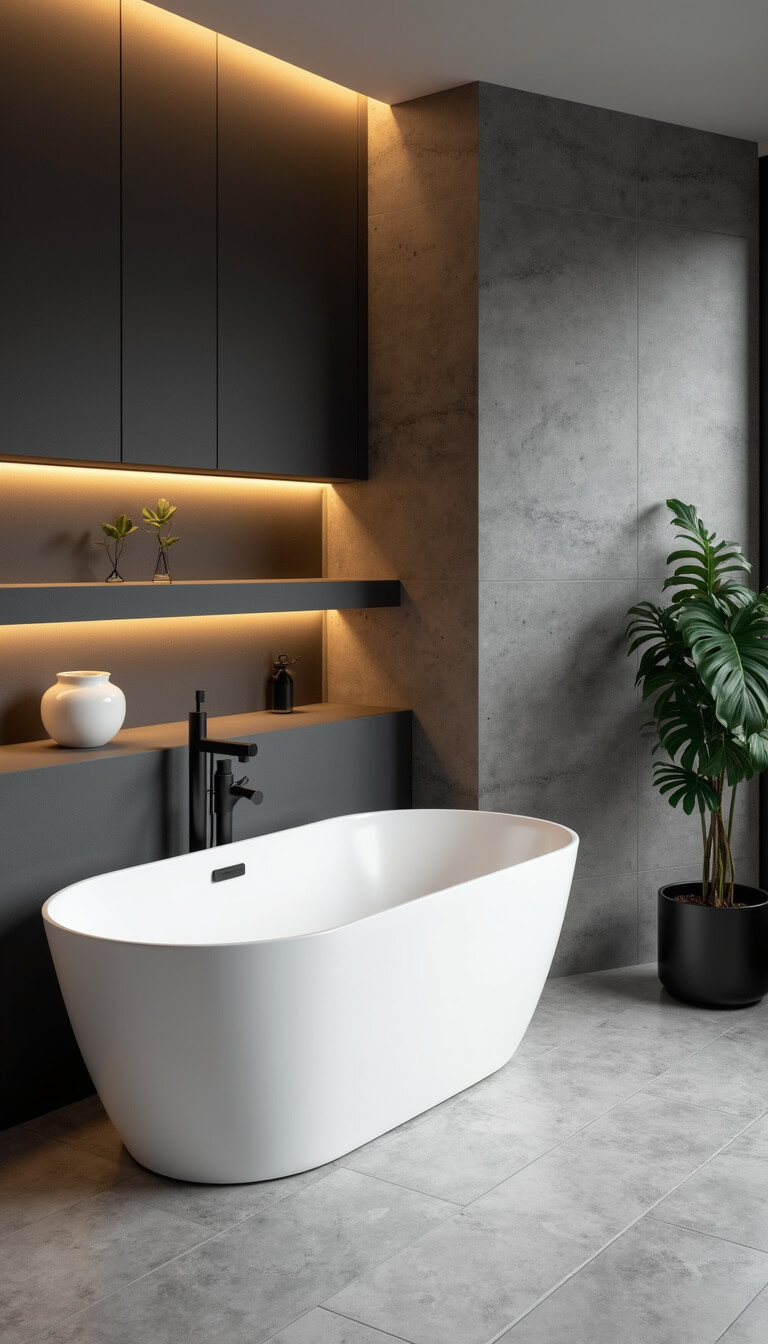Scandinavian-style bathroom with bone white freestanding tub, warm gray marble-effect tiles, matte black accents, and dramatic LED lighting.
