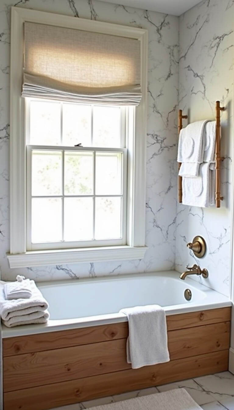 Custom wood tub surround in small bathroom with marble-effect walls, natural light, and minimalist accessories.