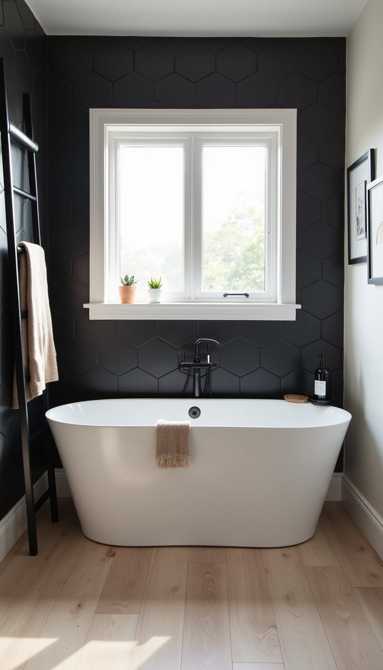 Scandinavian-style white 52-inch tub centered in small bathroom with pale oak floor, matte black hex wall tiles, morning light through privacy window, black ladder shelf, wool throw, and minimalist artwork.