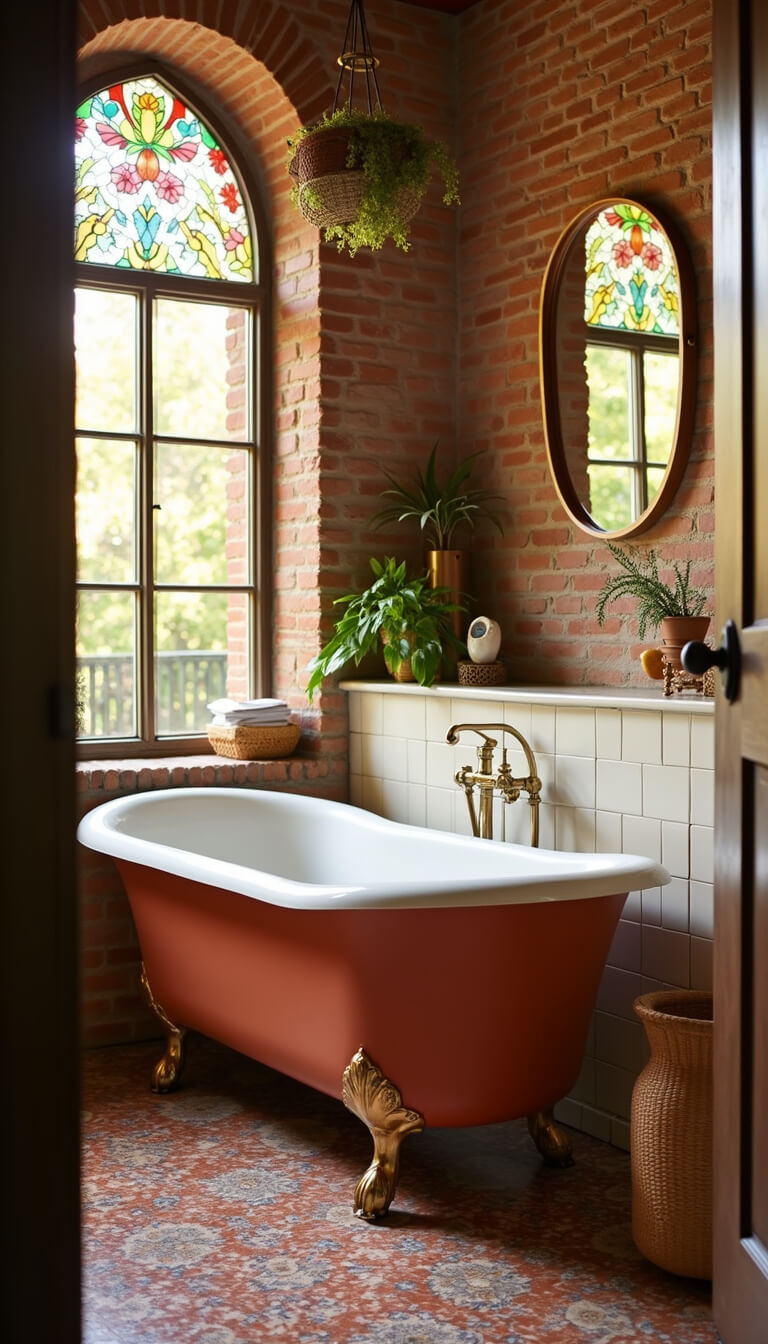 Bohemian bathroom with terracotta clawfoot tub, cream zellige tiles, stained glass window, exposed brick wall, and hanging plants.