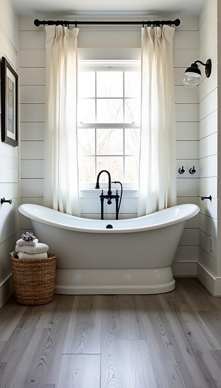 Modern farmhouse bathroom with 60-inch shiplap-wrapped tub, natural light through cafe curtains, gray wide-plank vinyl flooring, white subway tile walls, black industrial fixtures, woven baskets, and dried lavender bundles.