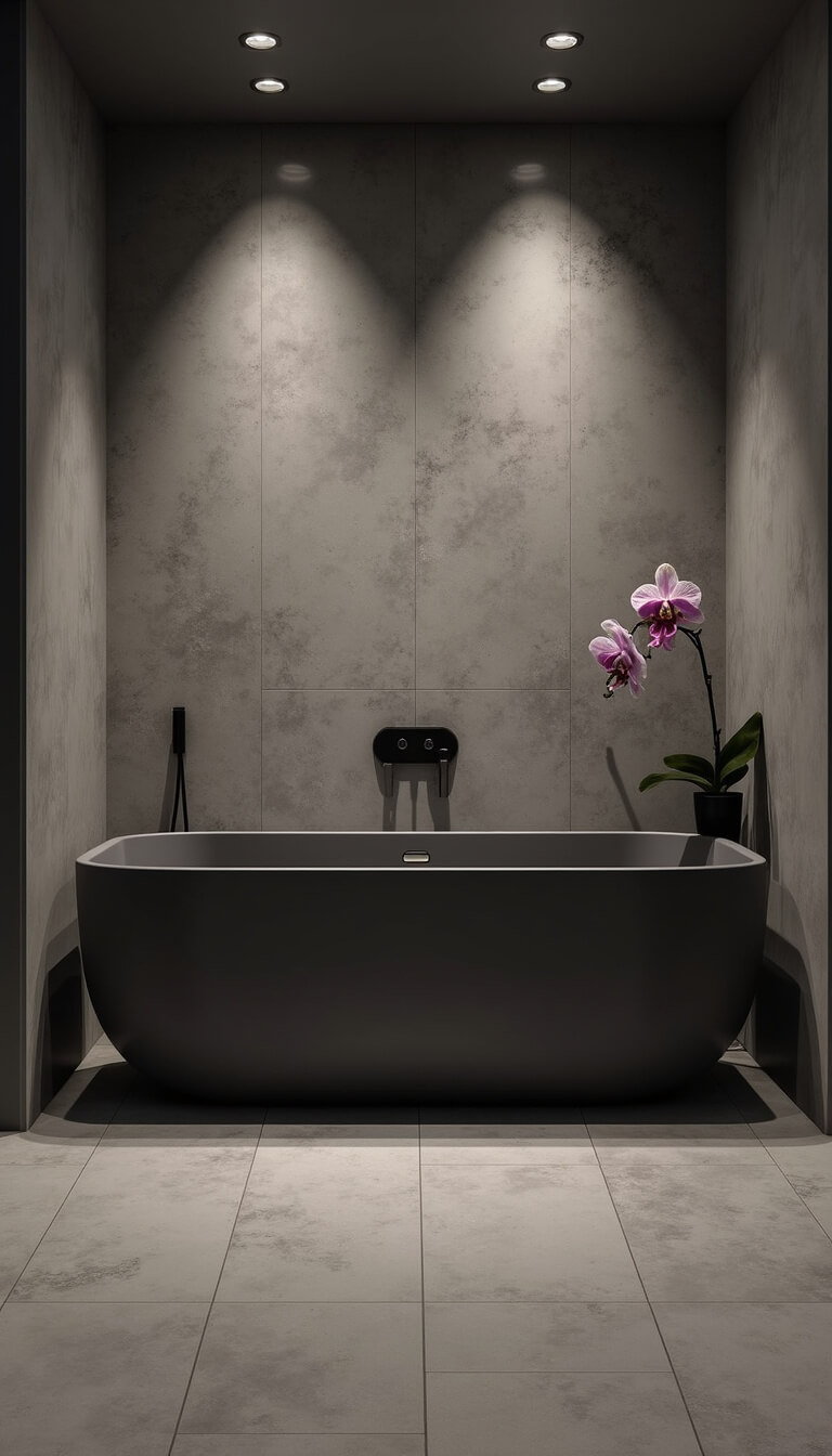 Top-down view of a charcoal gray floating tub in a 6x6ft minimalist space with concrete-effect tiles, recessed ceiling lights, matte black accessories, and a single orchid.