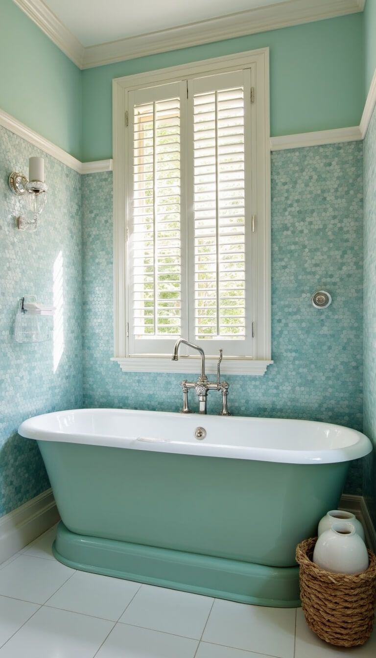 Seafoam green pedestal tub in coastal bathroom with ombre blue penny tile wall, driftwood accents, and soft light through louvered shutters.