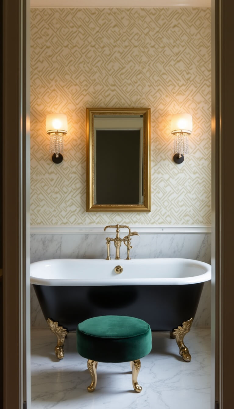 Art Deco bathroom with black and gold clawfoot tub, crystal sconces, cream and gold geometric wallpaper, marble wainscoting, vintage mirror, metallic accents, and green velvet stool.