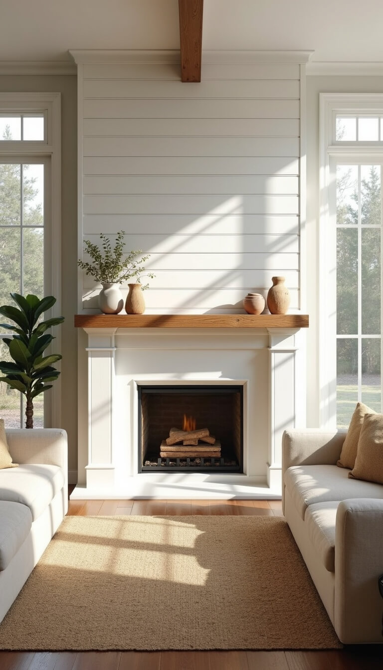 Bright corner living room with white shiplap fireplace, reclaimed wood mantle, oatmeal sectional, and natural sunlight streaming through tall windows.