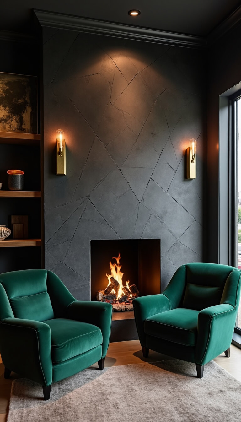 Contemporary corner fireplace with dark slate tiles, ambient sconce lighting, emerald velvet armchairs, brass accents, and floating shelves with abstract black and gold decor.
