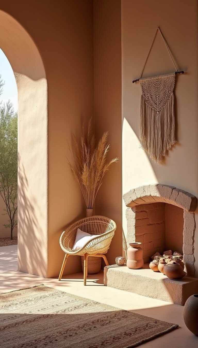 Bohemian sunlit room with limewashed curved fireplace, rattan chairs, vintage rugs, macramé wall hanging, pottery, and dried pampas grass in warm desert tones.