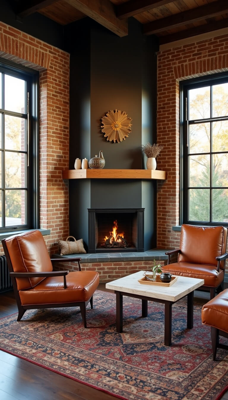 Industrial-style corner fireplace with exposed brick and steel mantle, warm golden hour lighting, cognac leather chairs, distressed wood coffee table, vintage Persian rug, and metal-wood accents in a spacious room.