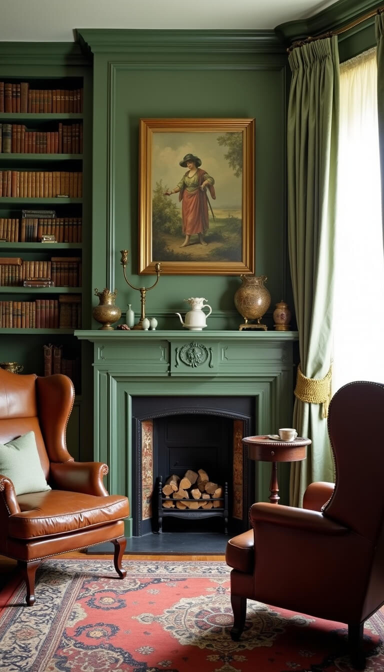 Sage green traditional corner fireplace in a library setting with built-in bookcases, leather wingback chairs, antique brass décor, vintage books, and filtered afternoon light.