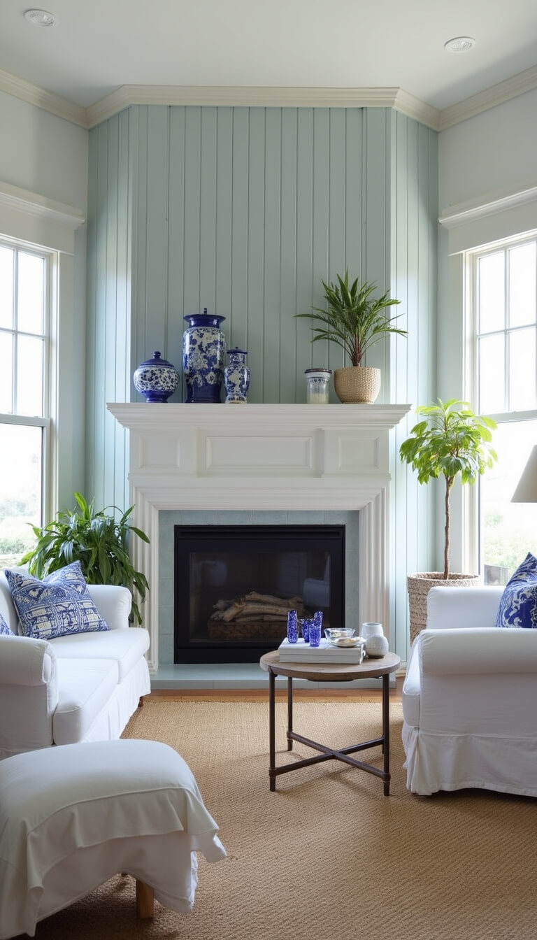 Coastal corner fireplace with soft blue-grey vertical shiplap, white slip-covered furniture, sisal rug, blue-and-white ceramics, and beachy decor in sunlit room.