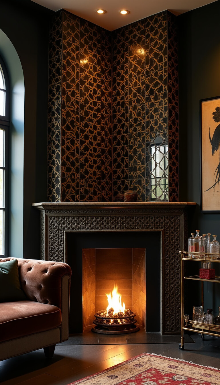 Art Deco corner fireplace with black and gold geometric tiles, moody evening lighting, velvet jewel-toned furniture, mirrored decor, abstract art, vintage bar cart, and crystal decanters.