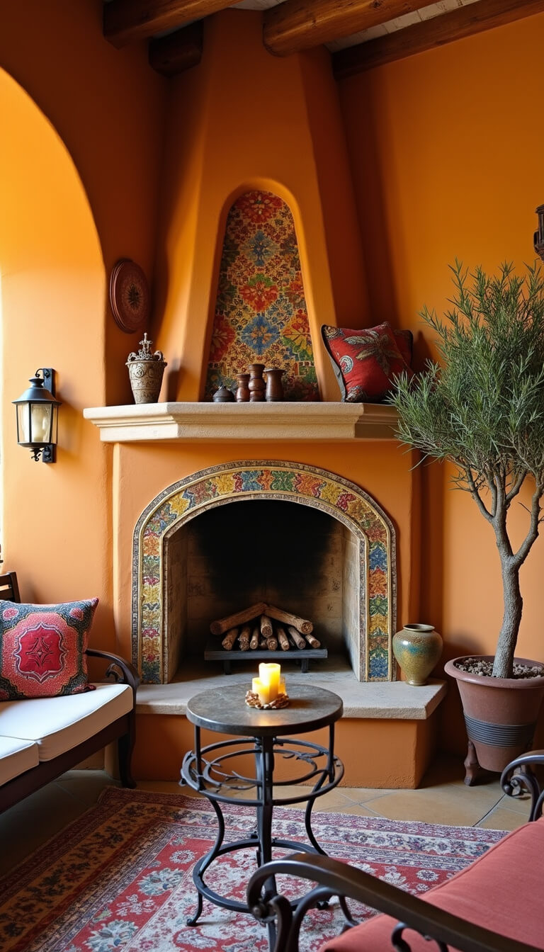 Mediterranean corner fireplace with hand-painted tiles, arched opening, rustic furniture, and warm golden hour lighting.