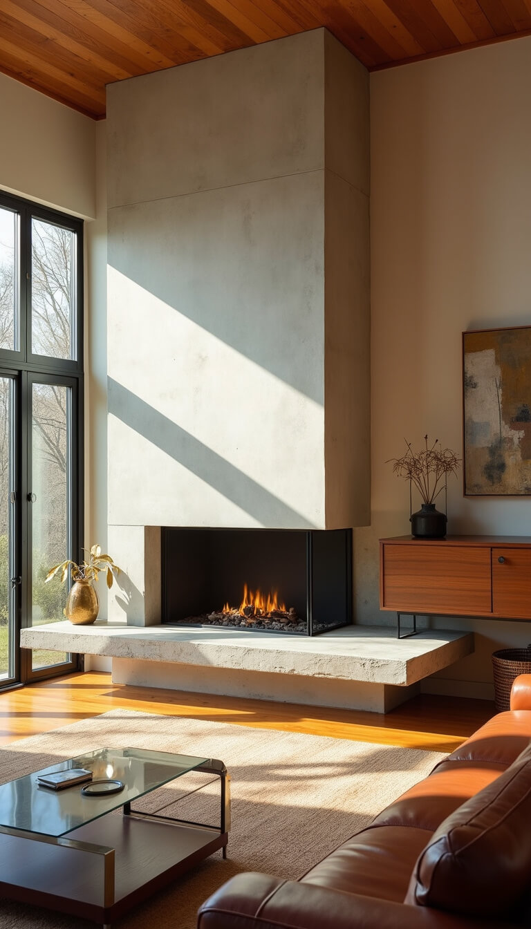 Mid-century modern corner fireplace with floating concrete hearth, low-profile leather seating, walnut credenza, brass mobile sculpture, and abstract art in geometric afternoon light.