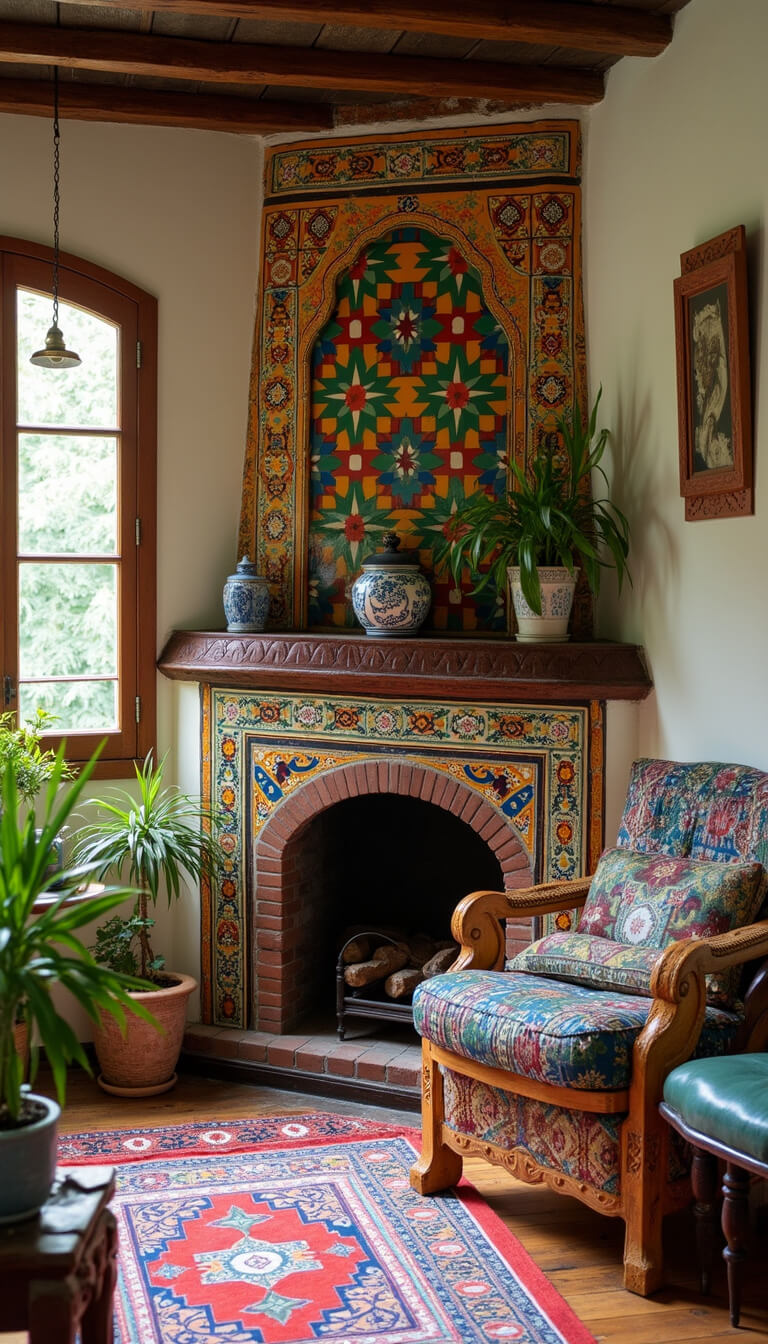 Eclectic corner fireplace with colorful Moroccan tiles, vintage furniture, layered textiles, hanging plants, and brass lanterns in late morning light.
