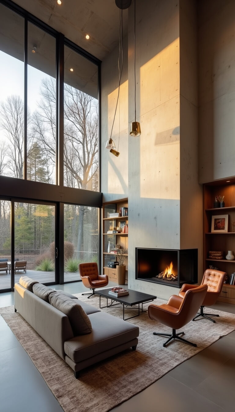 Wide-angle view of a spacious double-height living room with floor-to-ceiling concrete fireplace, gray sectional, leather chairs, and golden hour lighting through tall windows.