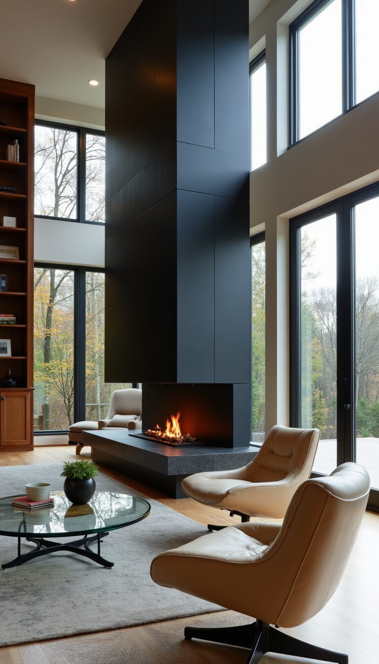Low-angle view of modern great room with tall black steel fireplace, walnut shelves, bouclé chairs, glass table, and clerestory light.