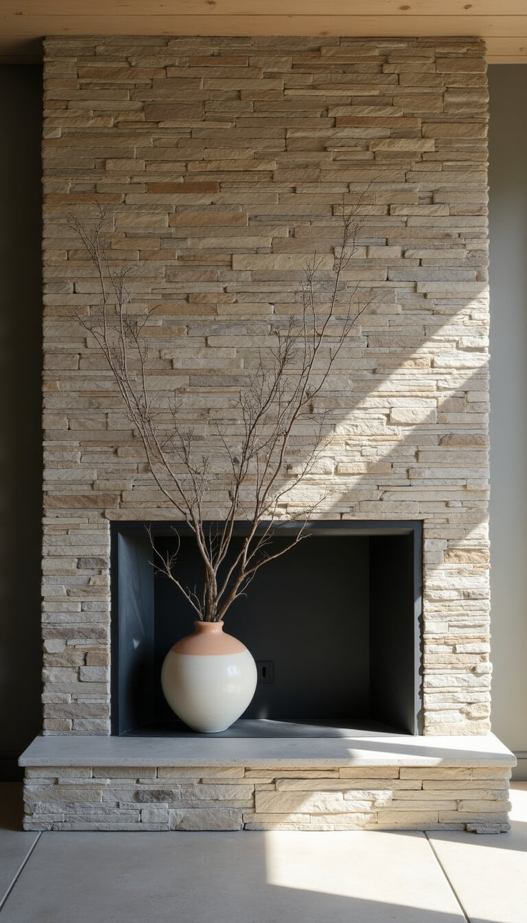 Close-up of stacked stone fireplace with asymmetrical blackened steel hearth, lit by morning light, featuring ceramic vessel with architectural branches.