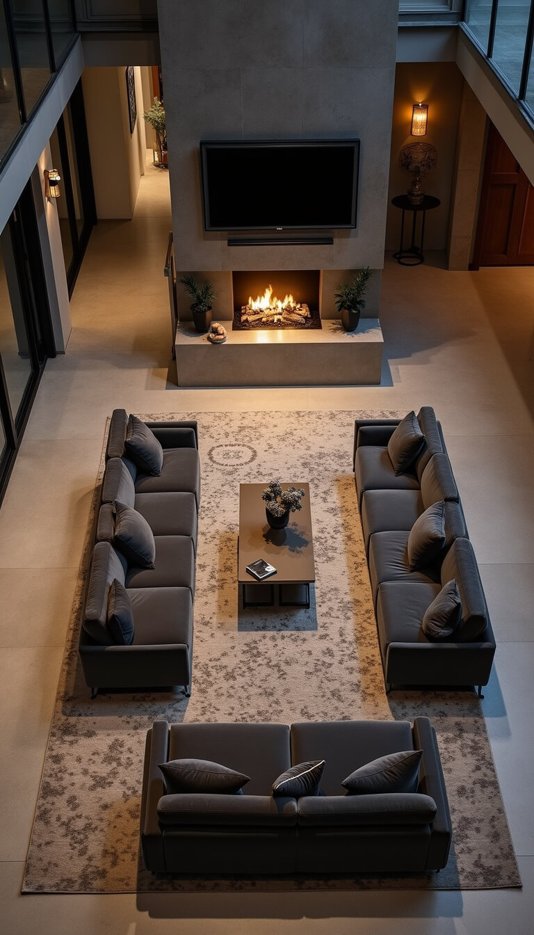Bird's eye view of a modern open-concept space with a tall double-sided concrete fireplace, charcoal velvet modular seating, geometric rugs, and twilight uplighting.