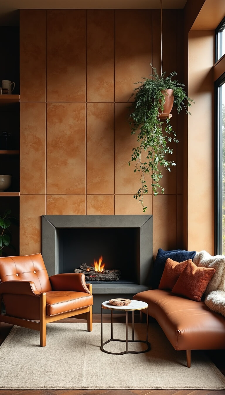 Eye-level view of a burnished tile two-story fireplace with brass inlays, mid-century leather chairs, layered rust, cream, and navy textiles, and trailing plants on floating shelves in soft afternoon light.