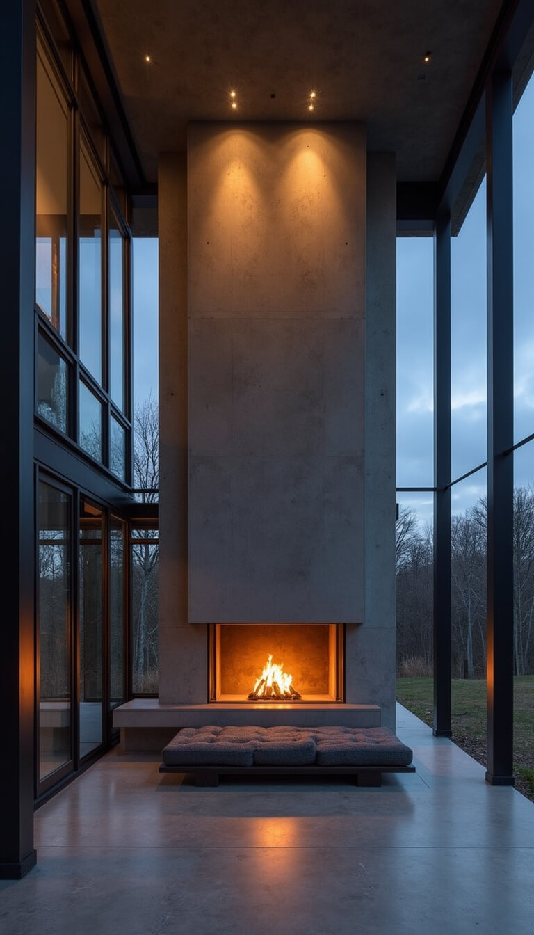 Dramatic dusk view of a two-story industrial fireplace in raw concrete and blackened steel with moody lighting and charcoal bouclé platform seating.